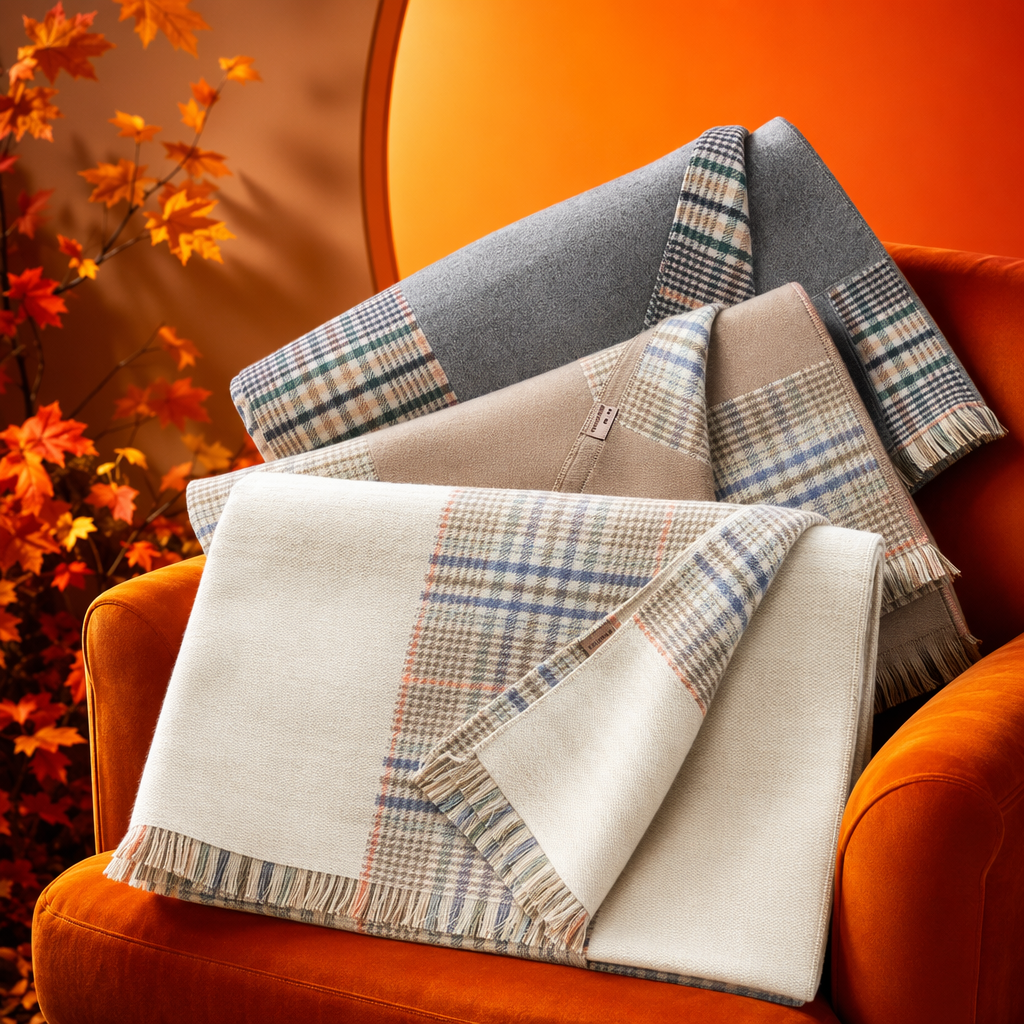 The beige checkered pure cotton scarf is warm, fashionable and versatile for autumn and winter Specification image