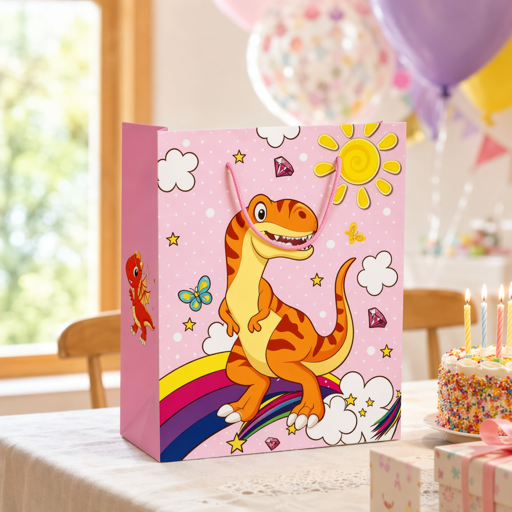 Bolsa de regalo de dinosaurio rosa de dibujos animados para niños fiesta de cumpleaños bolsa de papel portátil cute moe fun bolsa de embalaje de almacenamiento details Picture