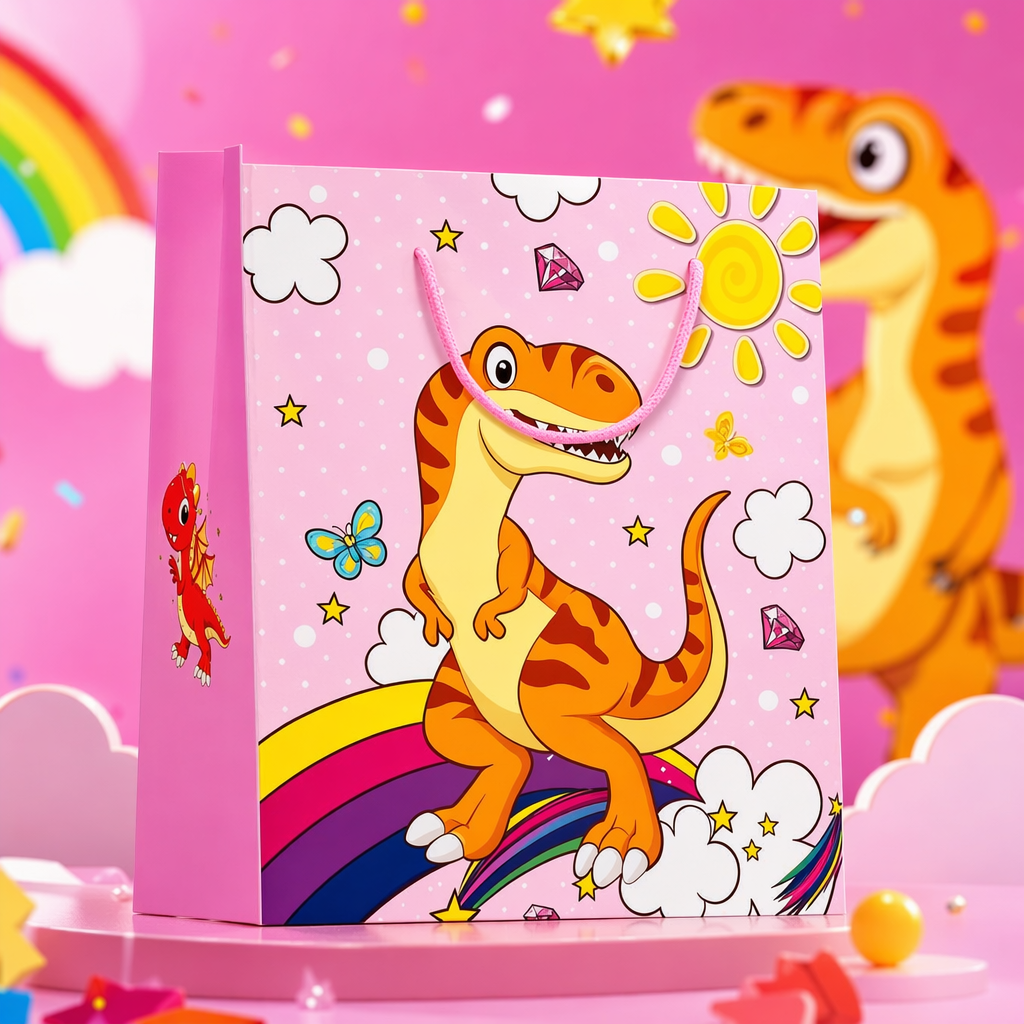 Bolsa de regalo de dinosaurio rosa de dibujos animados para niños fiesta de cumpleaños bolsa de papel portátil cute moe fun bolsa de embalaje de almacenamiento Specification image