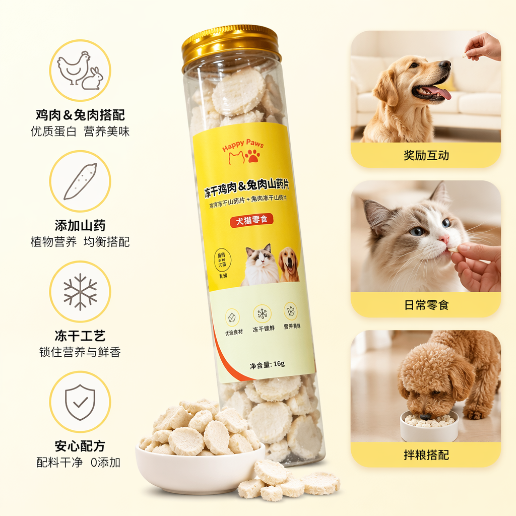 透明塑料瓶装宠物零食冻干鸡肉荷包蛋