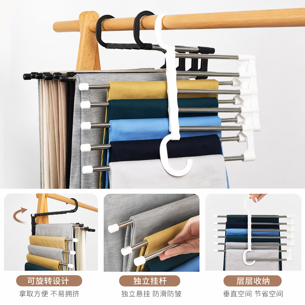 The white multi-layer trouser rack is filled with colorful trousers, making it a perfect home storage and organization tool for wardrobes without holes