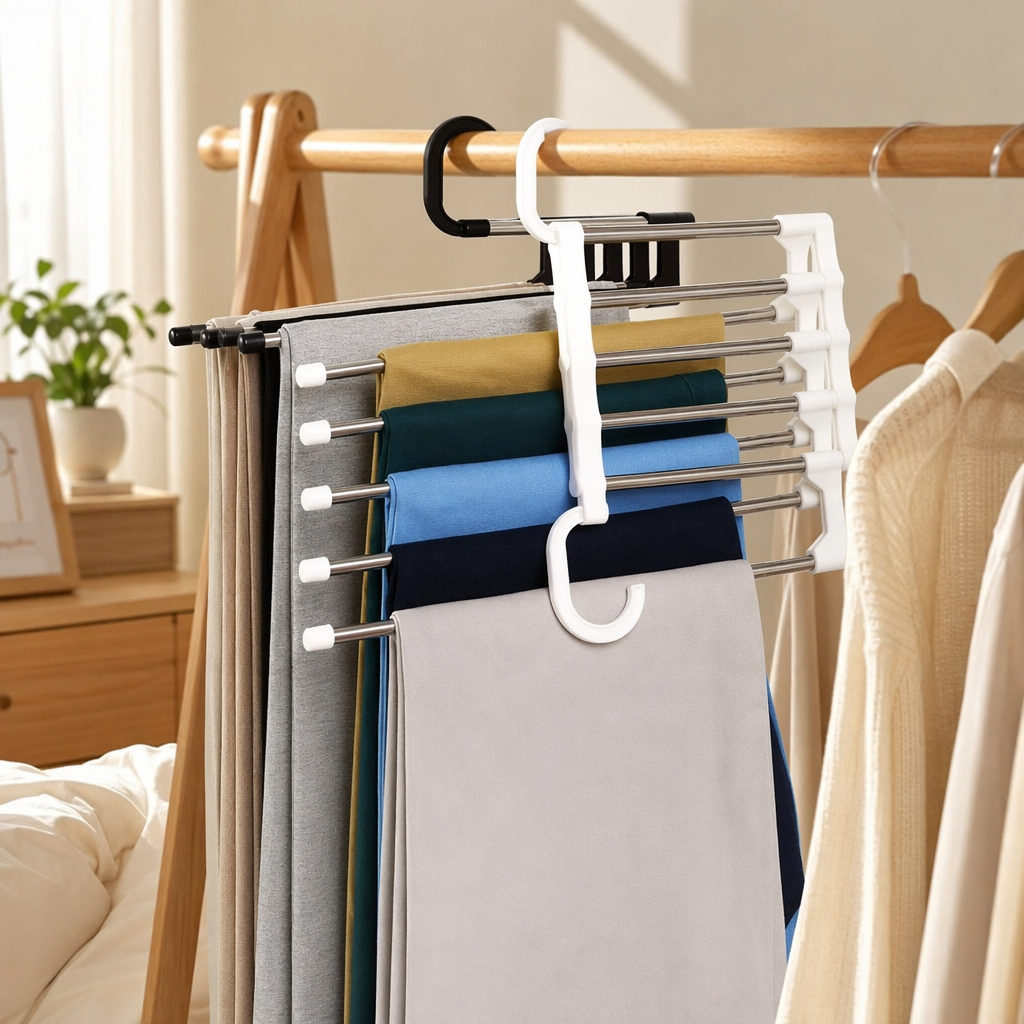 The white multi-layer trouser rack is filled with colorful trousers, making it a perfect home storage and organization tool for wardrobes without holes details Picture