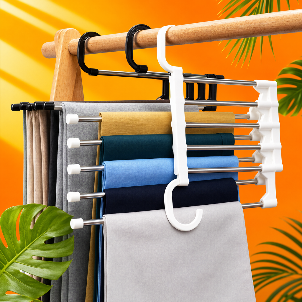 The white multi-layer trouser rack is filled with colorful trousers, making it a perfect home storage and organization tool for wardrobes without holes Specification image