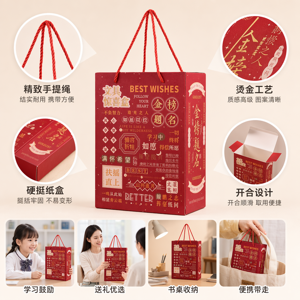 Red stationery blind box gift bag, BEST WISHES, blessing words, red rope handle