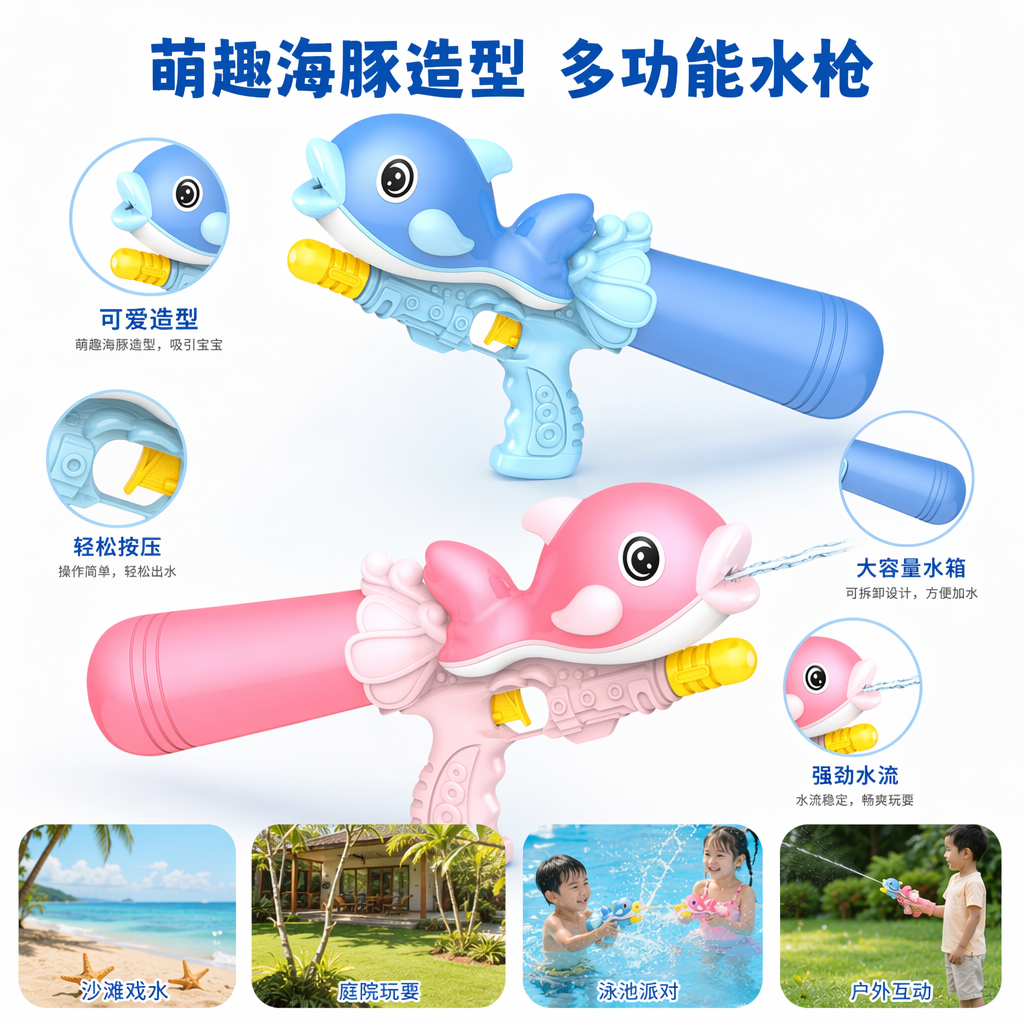 Blue dolphin-shaped water gun, pink dolphin-shaped water gun, children's summer water play toys