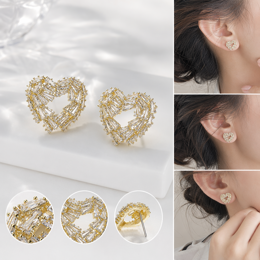 Golden heart-shaped diamond-encrusted stud earrings in white card packaging, fashionable and light luxury earrings