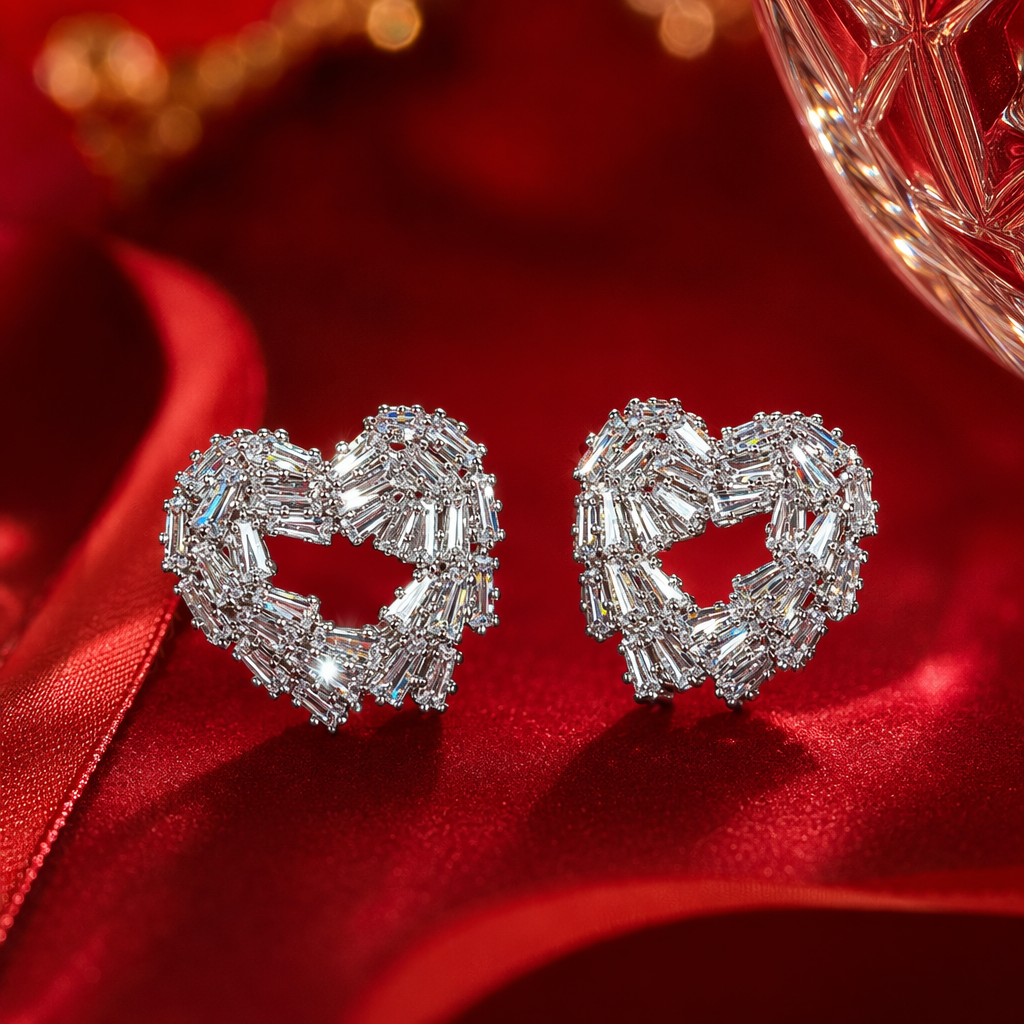 Golden heart-shaped diamond-encrusted stud earrings in white card packaging, fashionable and light luxury earrings Specification image