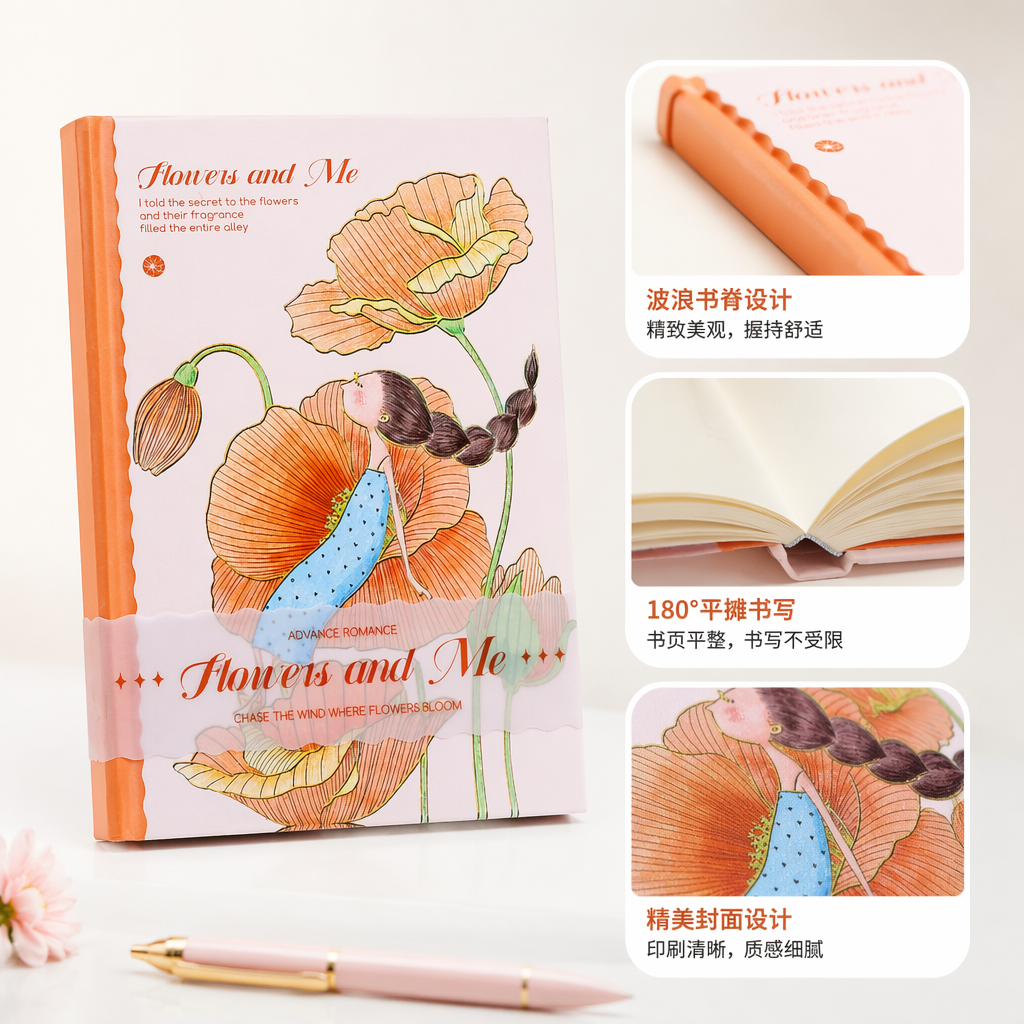 Pink cover, orange spine, girl, orange flower illustration notebook, white keyboard, Daisy and butterfly decoration