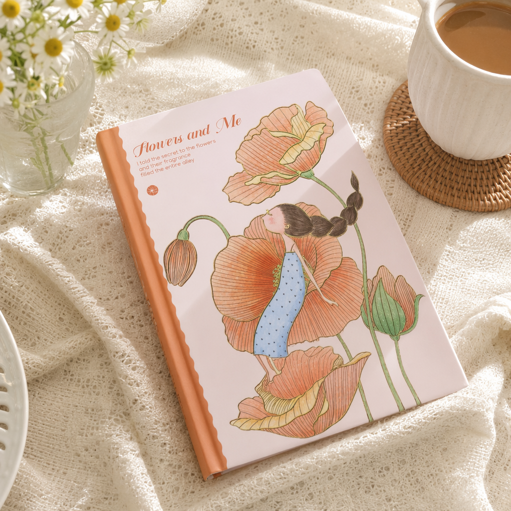 Pink cover, orange spine, girl, orange flower illustration notebook, white keyboard, Daisy and butterfly decoration details Picture