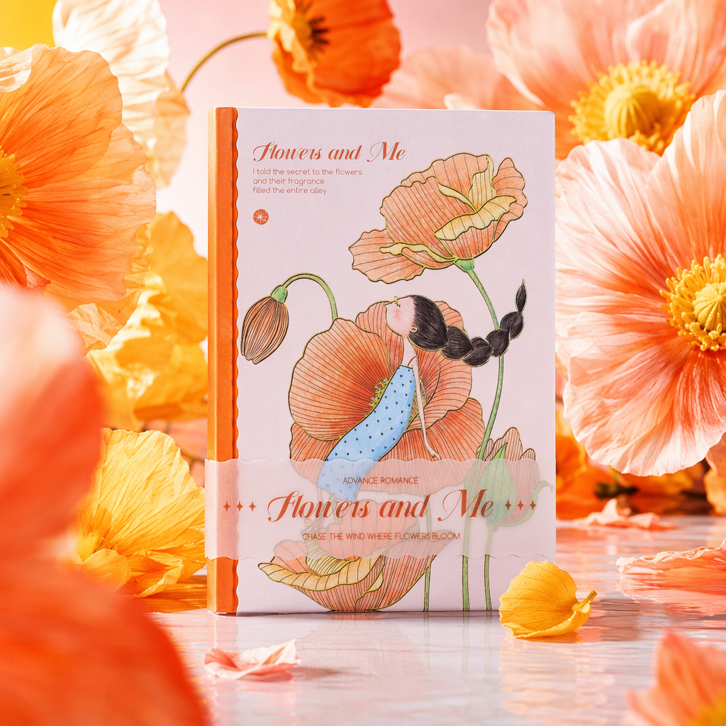 Pink cover, orange spine, girl, orange flower illustration notebook, white keyboard, Daisy and butterfly decoration Specification image