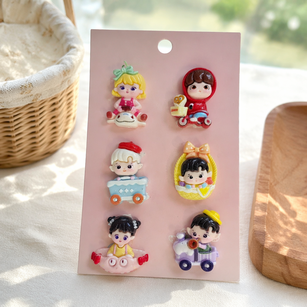 This pink cartoon resin jewelry set features six different character designs, including scenes such as dolphins and tricycles details Picture