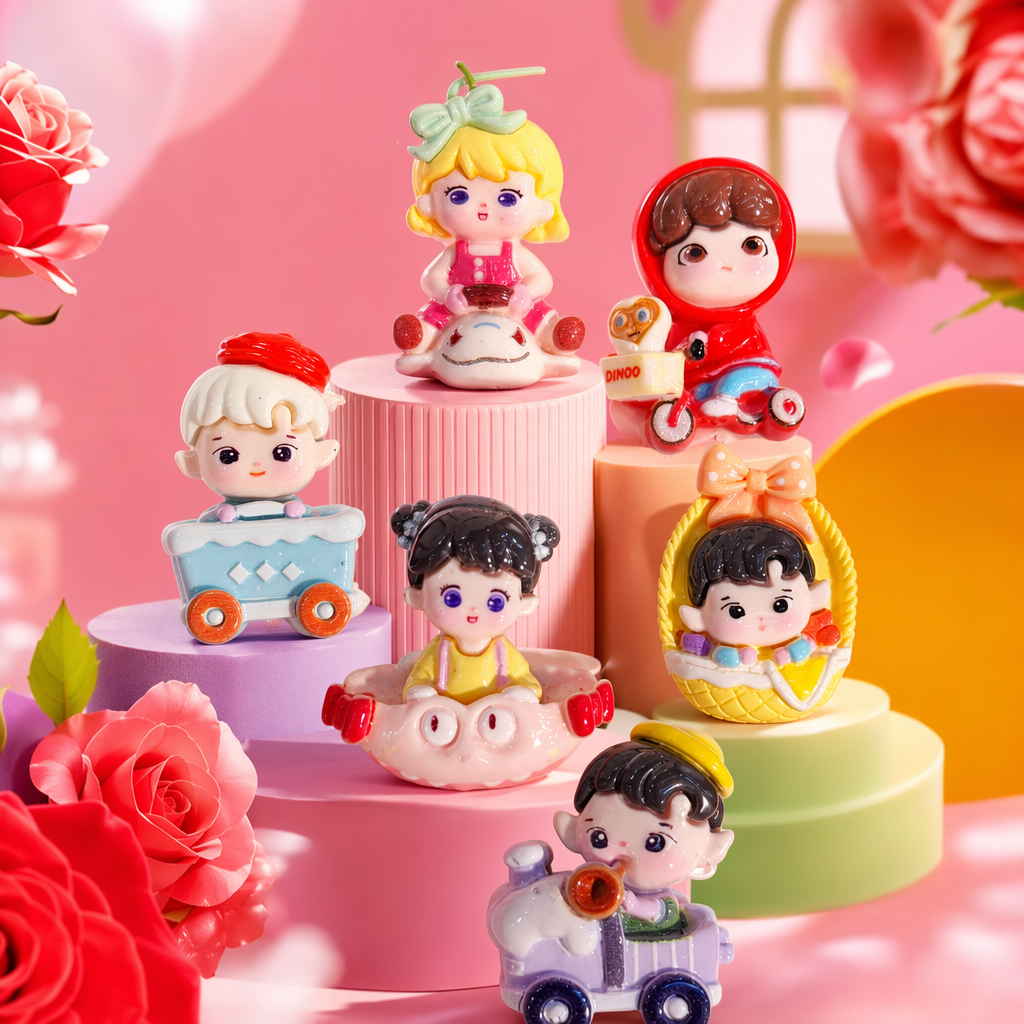 This pink cartoon resin jewelry set features six different character designs, including scenes such as dolphins and tricycles Specification image