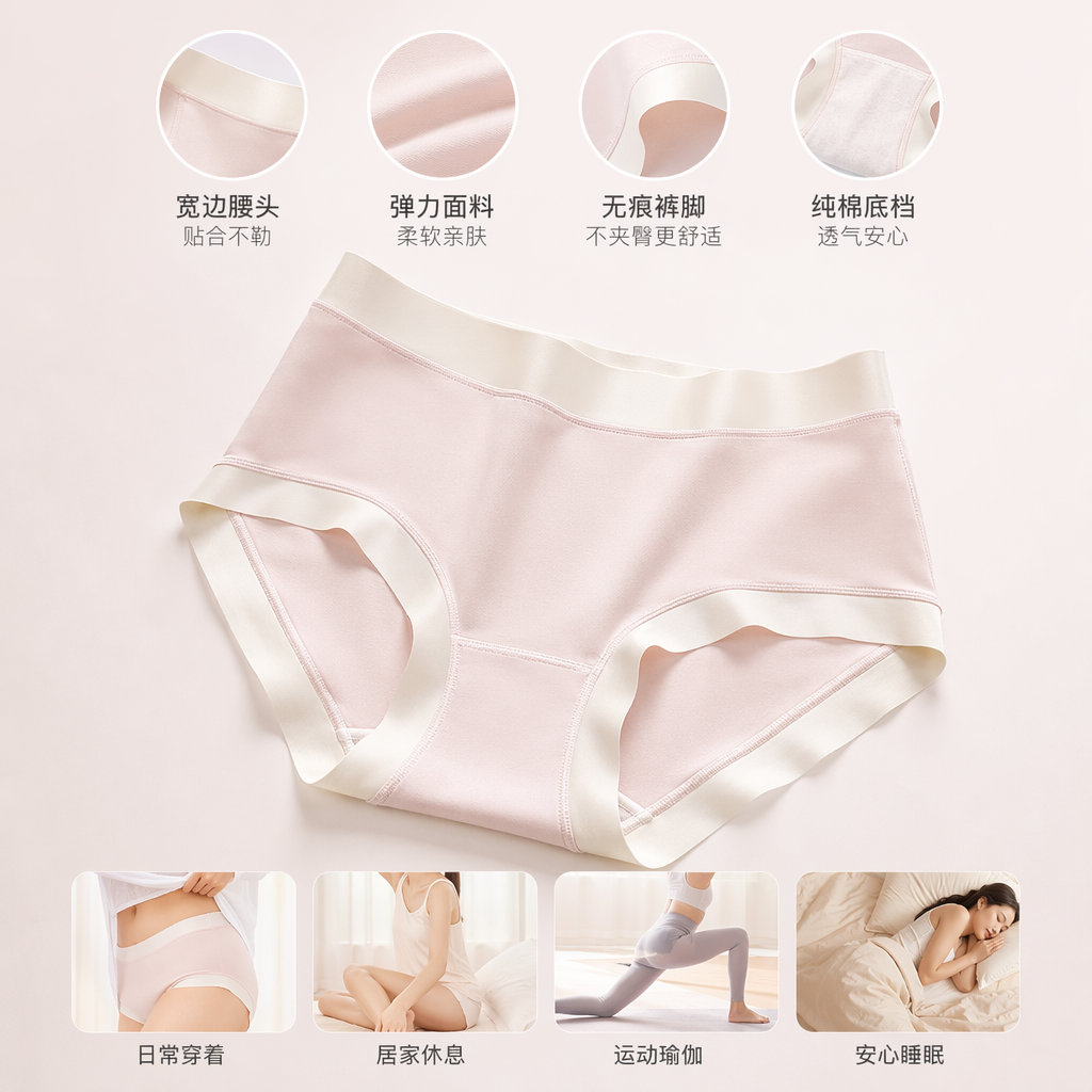 粉色高腰女士纯棉内裤舒适透气无痕贴身