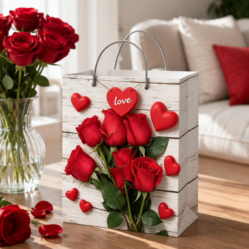 White wood grain gift box, red rose bouquet, heart-shaped decorative handbag details Picture