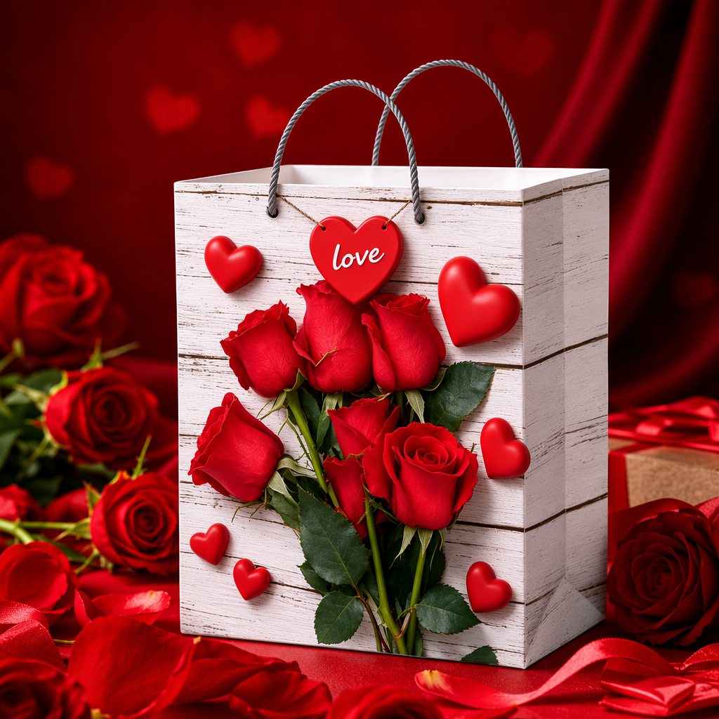 White wood grain gift box, red rose bouquet, heart-shaped decorative handbag Specification image