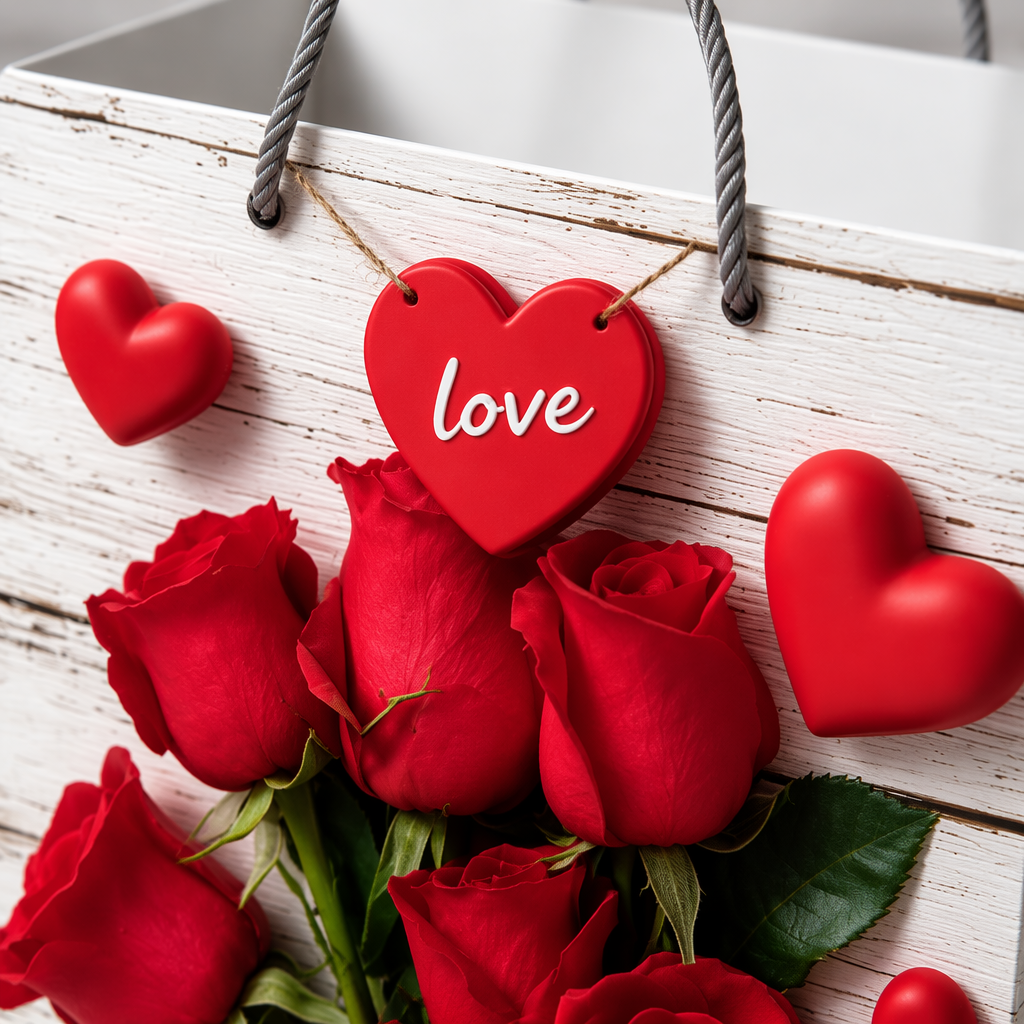 White wood grain gift box, red rose bouquet, heart-shaped decorative handbag Application Scenario