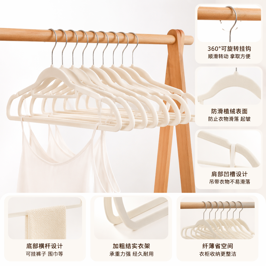 The off-white wooden clothes hanger is hung on the hanger pole, presenting a simple Nordic-style home storage