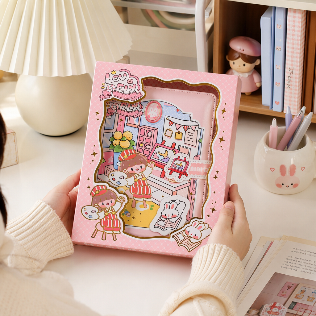 Pink dreamy cartoon stationery set, notebook with stickers, pink packaging box details Picture