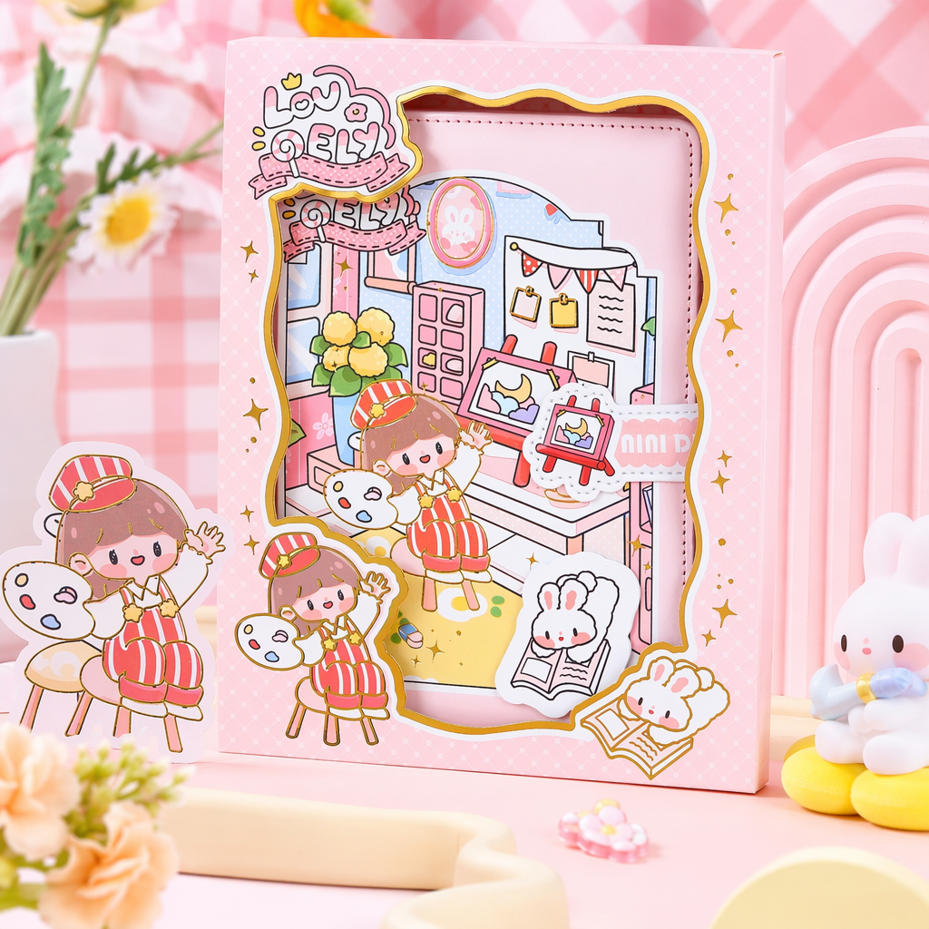 Pink dreamy cartoon stationery set, notebook with stickers, pink packaging box Specification image