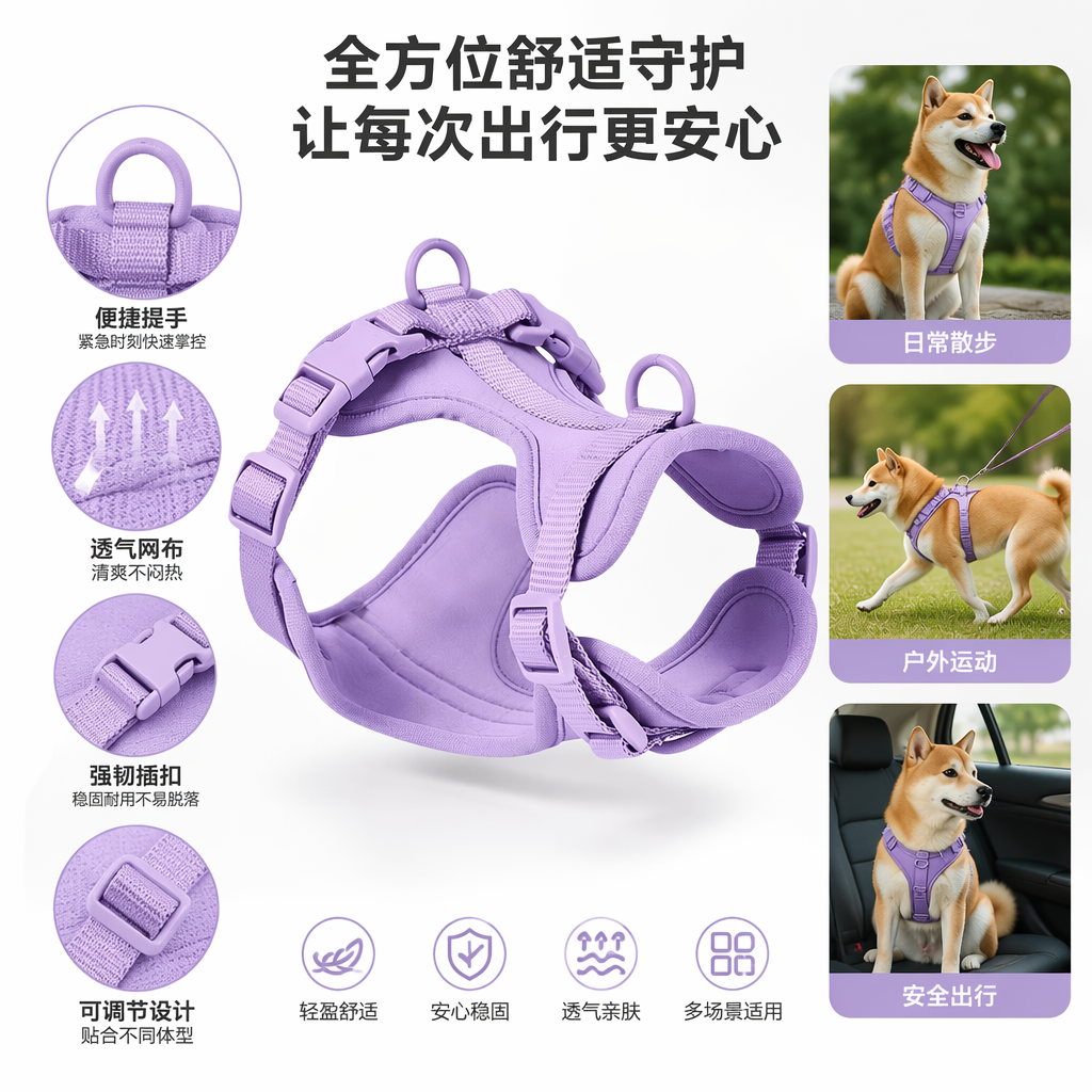 紫色宠物背带 透气轻便可调节狗狗猫咪外出牵引背负式