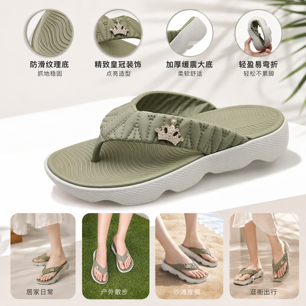 Four-color crown-decorated thick-soled flip-flops for women to wear outside in summer