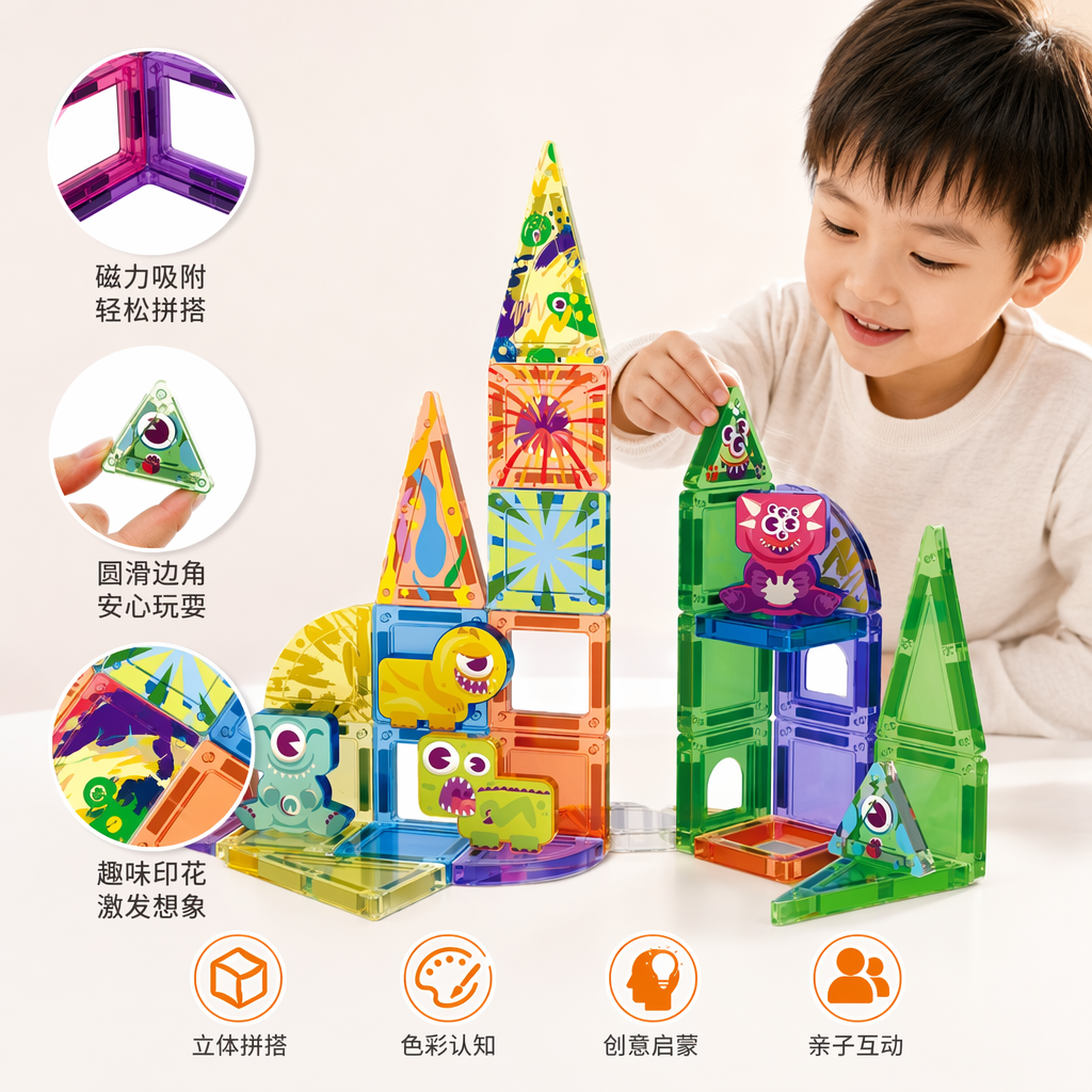彩色磁力积木玩具 几何形状磁力片 怪物图案塔状堆叠 海洋生物涂鸦风