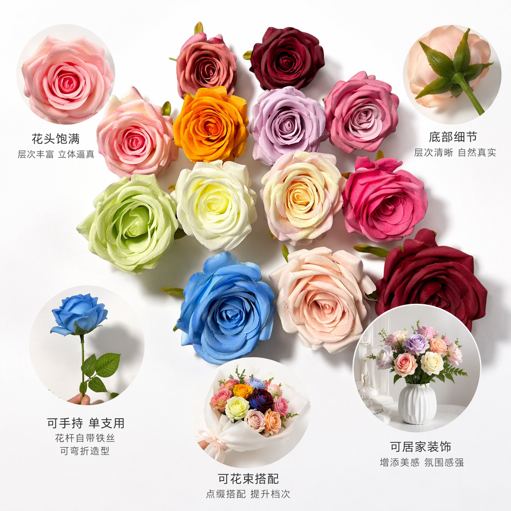 彩色仿真玫瑰花束 室内装饰摆件 婚庆家居插花永生花