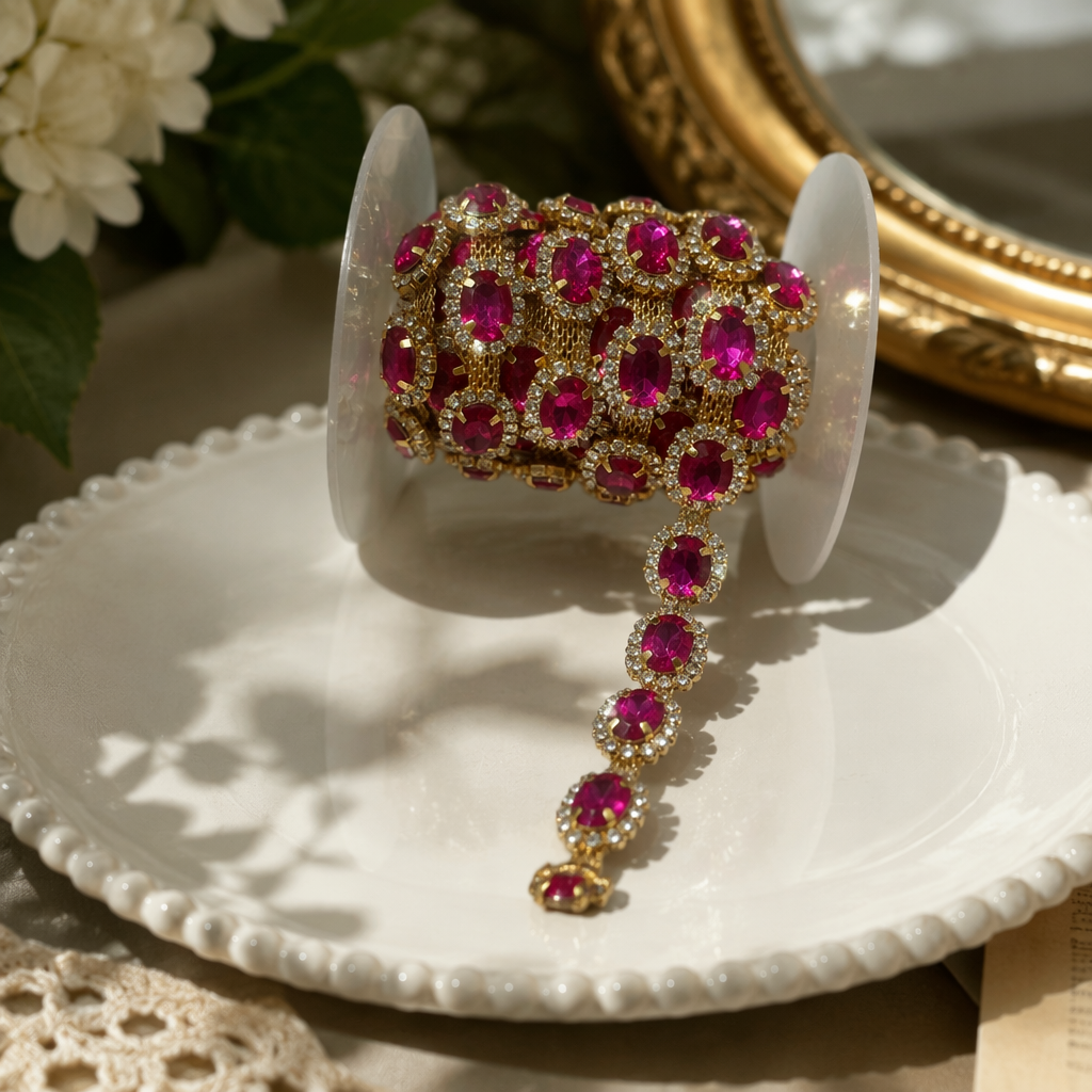 Gold inlaid with pink gemstone rhinestone decorative band roll details Picture