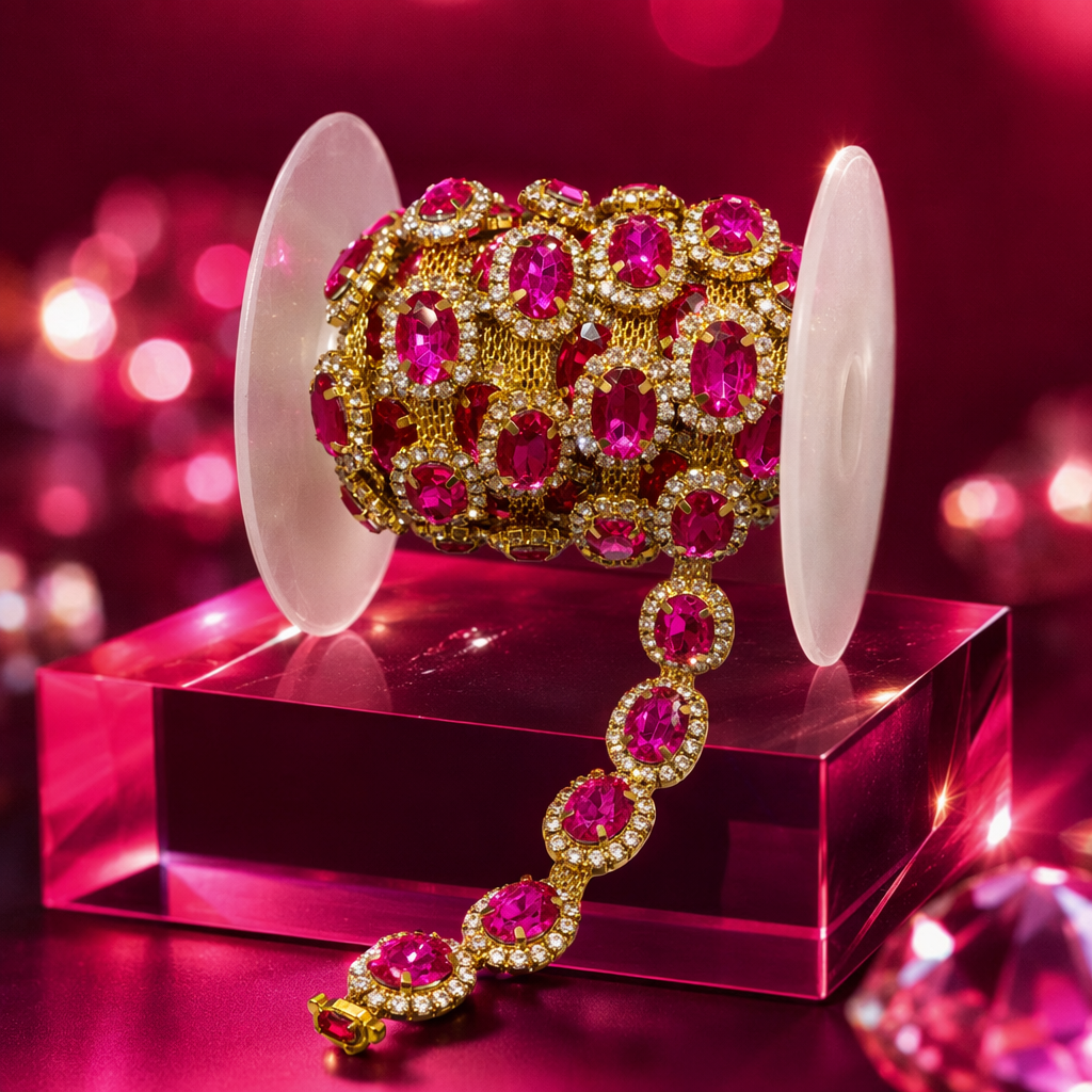 Gold inlaid with pink gemstone rhinestone decorative band roll Specification image