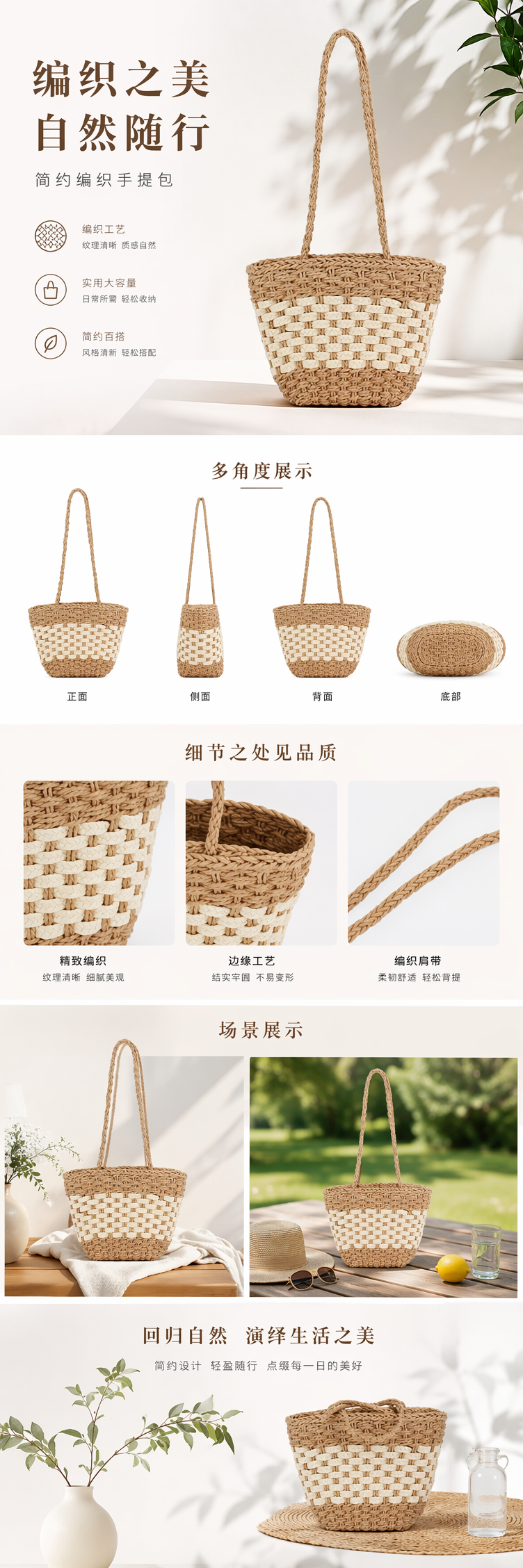 一件代发纯色简约单肩包欧美风复古纸绳编织包时尚简约百搭女士包 pic 1