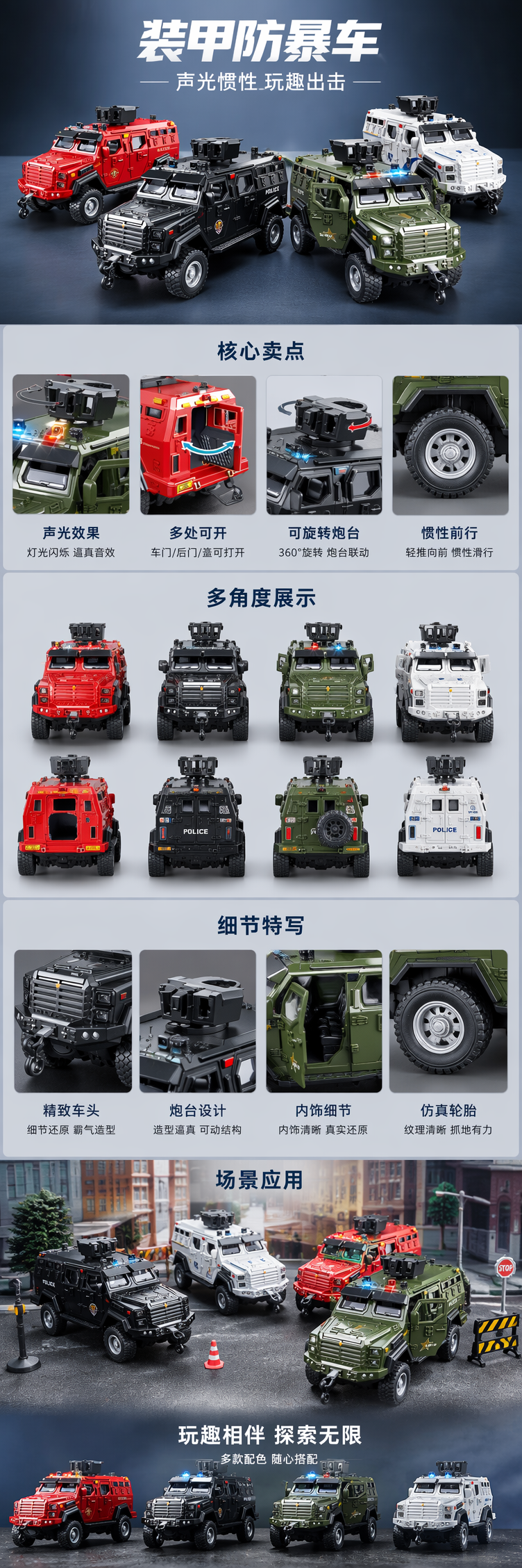 多色装甲防暴车模型合金仿真玩具车儿童益智收藏 pic 1