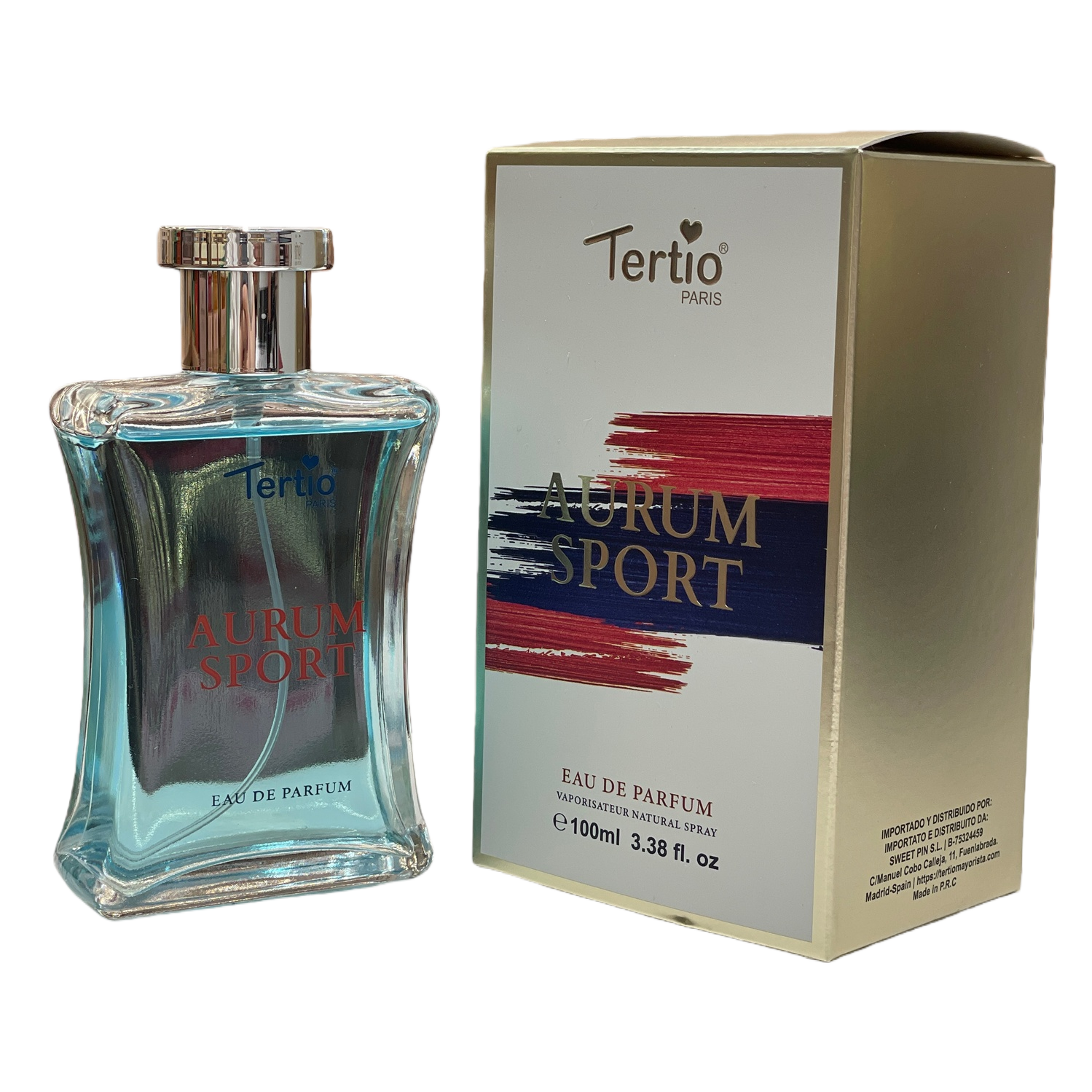 A transparent blue perfume bottle with a golden packaging box Item Picture
