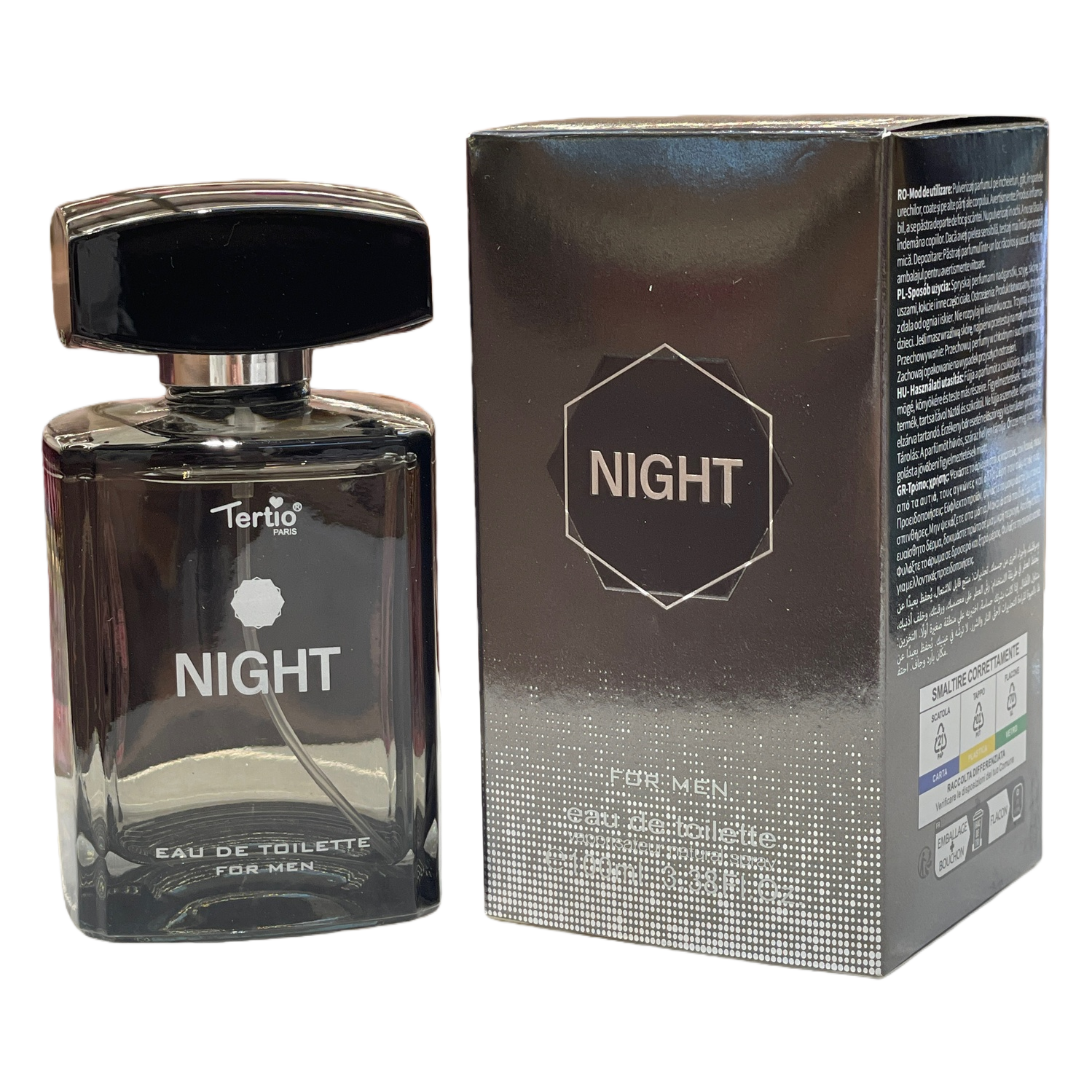 Tertio Paris NIGHT Men's Eau de Toilette black perfume bottle and packaging box transparent glass bottle body with black bottle cap Item Picture