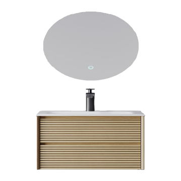 Wooden striped bathroom cabinet, modern and simple floor-standing washbasin cabinet with mirror and storage combination Item Picture