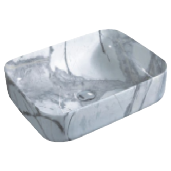 A simple and modern bathroom fixture with a grey and white marble-textured ceramic washbasin and under-sink Item Picture