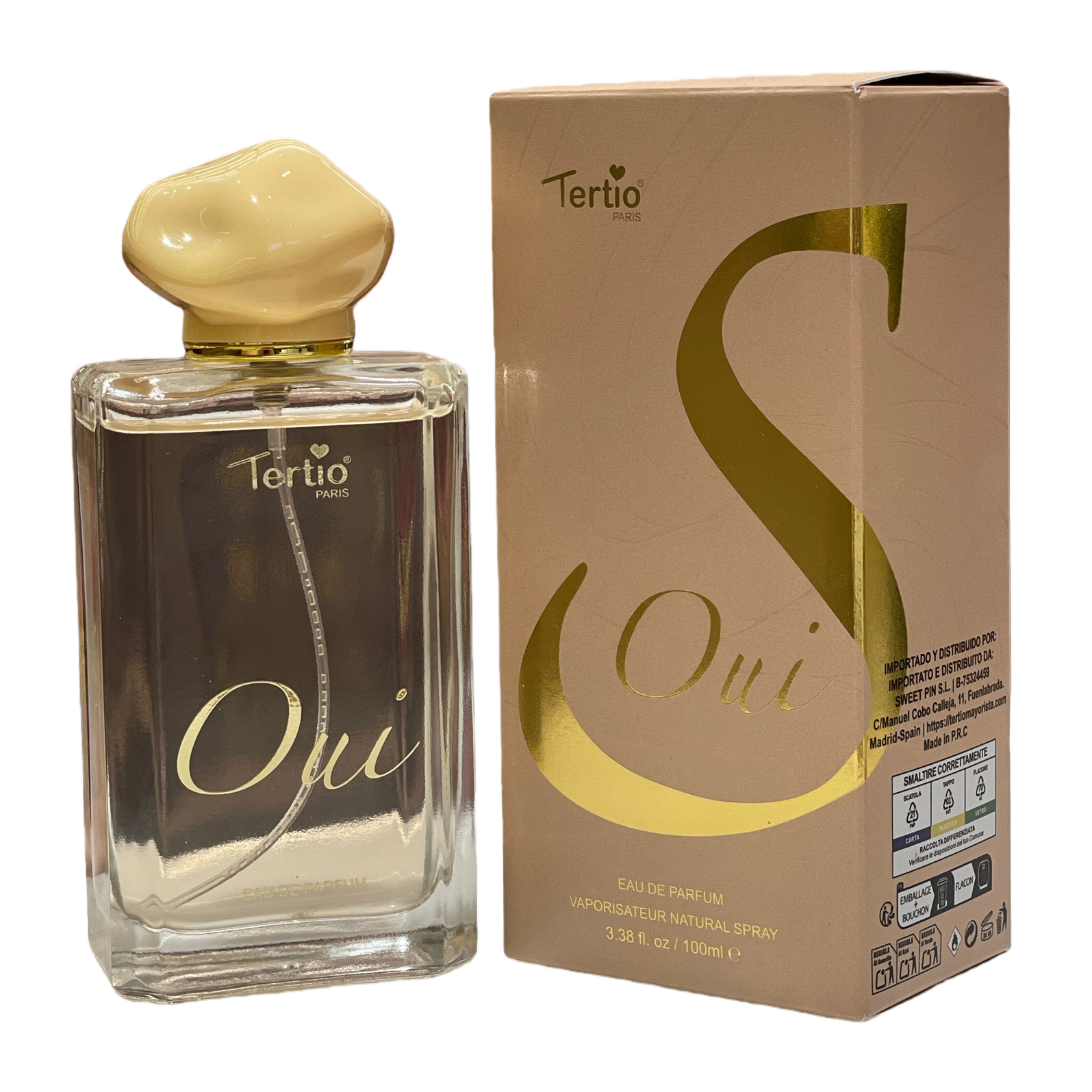 A golden cap transparent glass perfume bottle with a beige packaging box Item Picture