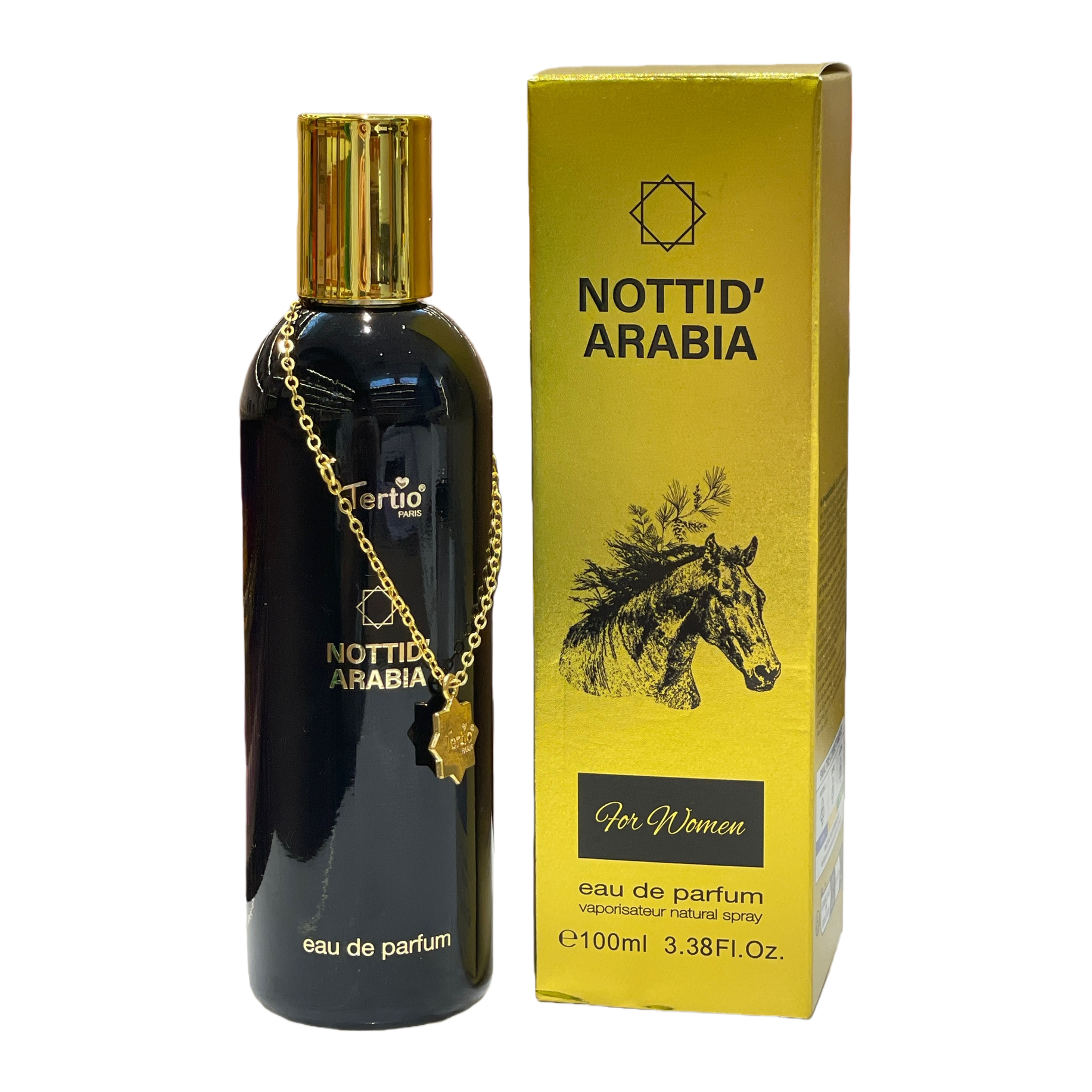 Black perfume bottle with golden cap, golden chain pendant, golden packaging box, horse head pattern NOTTID ARABIA Item Picture