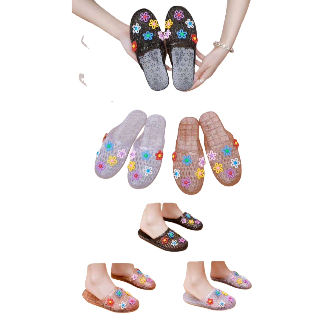 Colorful flower-decorated PVC summer slippers for women, anti-slip and lightweight home cooling slippers Item Picture