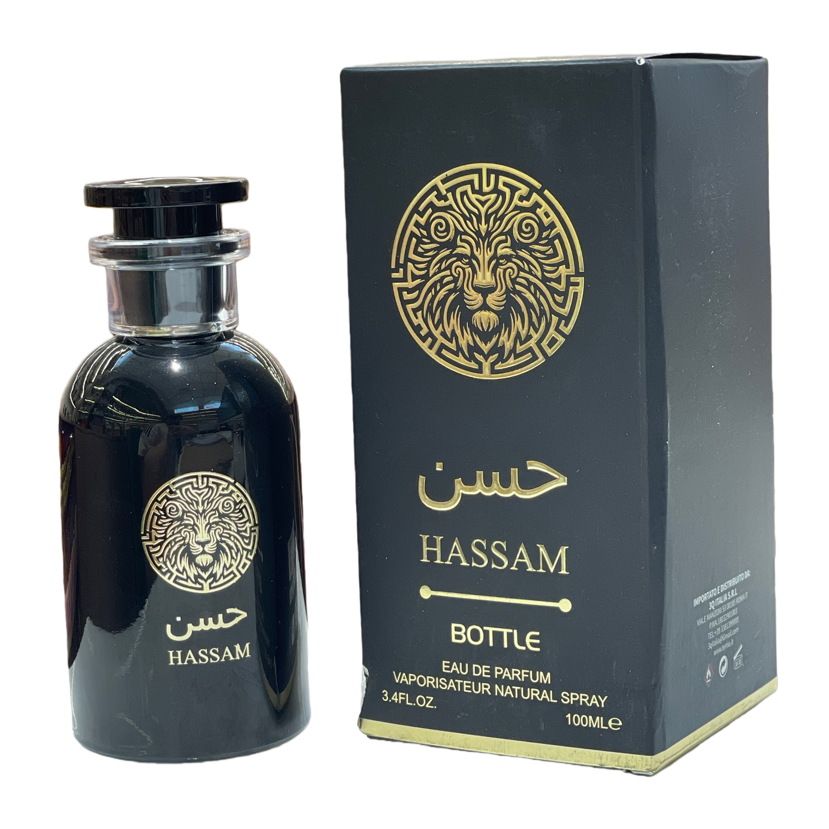 Black perfume BOTTLE with packaging box gold lion head pattern حسن HASSAM BOTTLE Item Picture