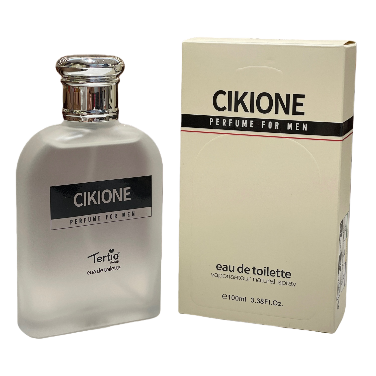 CIKIONE men's perfume features a frosted glass bottle with a silver cap and a beige packaging box Item Picture