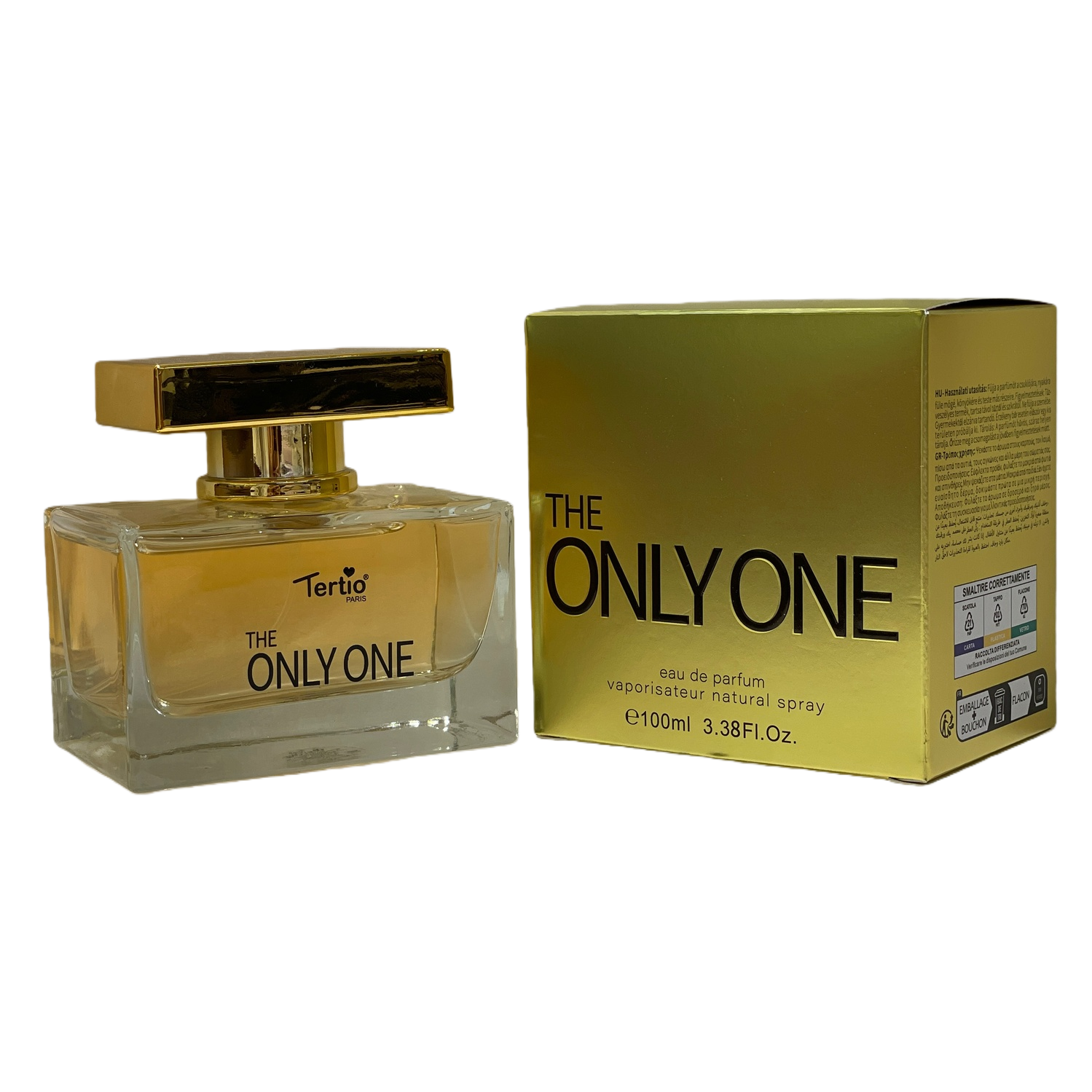 A transparent glass perfume bottle with a golden cap and a golden packaging box Item Picture