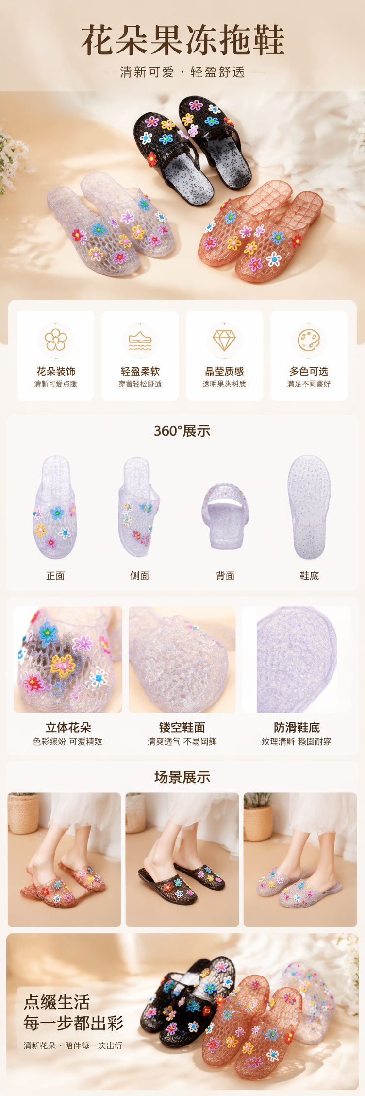彩色花朵装饰PVC拖鞋女夏款防滑轻便家居凉拖详情1