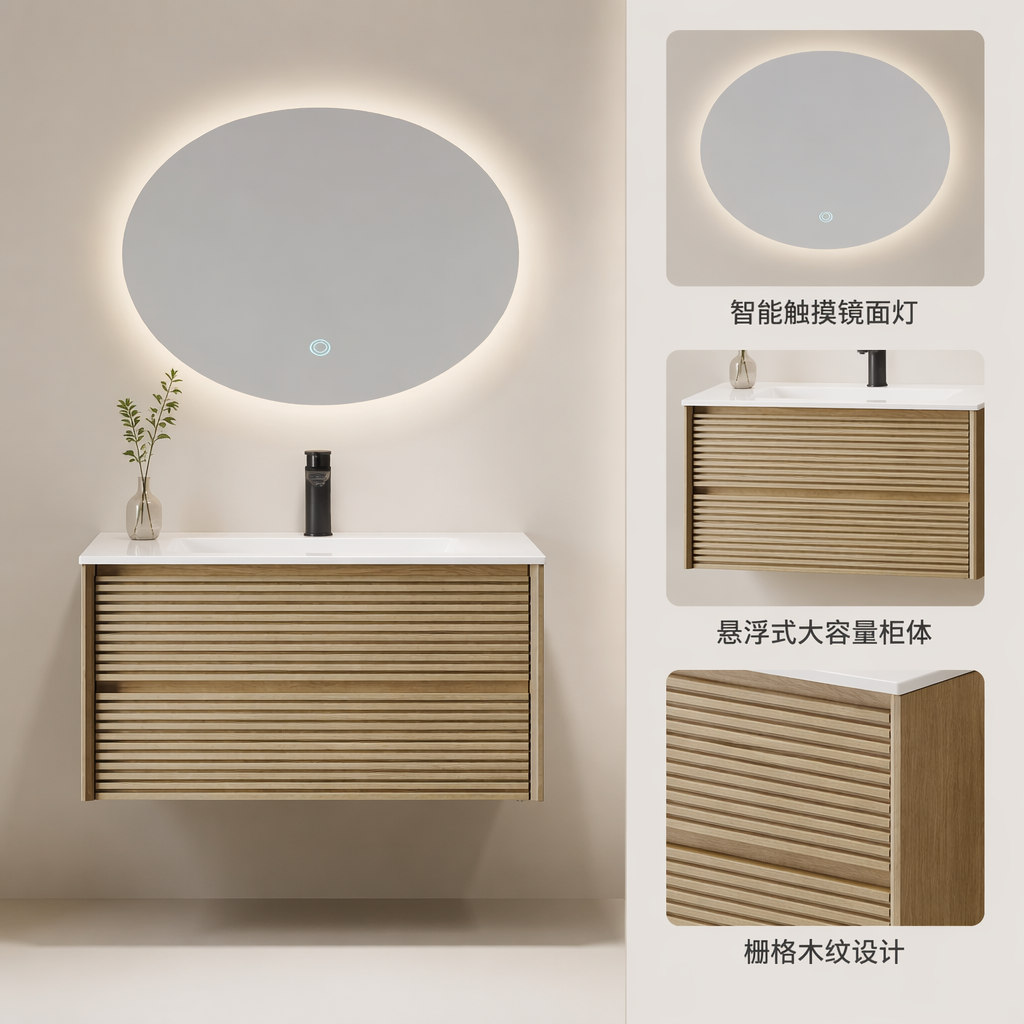 Wooden striped bathroom cabinet, modern and simple floor-standing washbasin cabinet with mirror and storage combination
