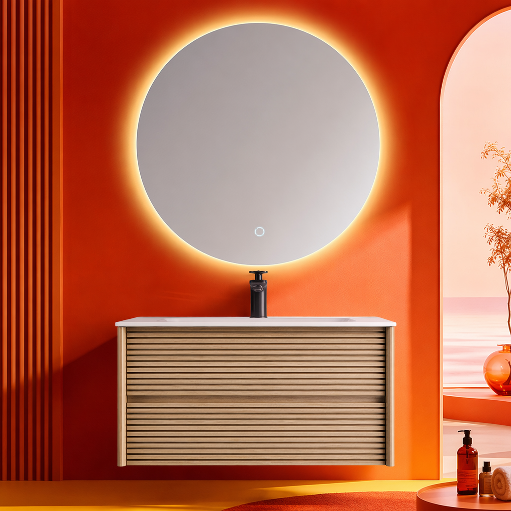 Wooden striped bathroom cabinet, modern and simple floor-standing washbasin cabinet with mirror and storage combination Specification image