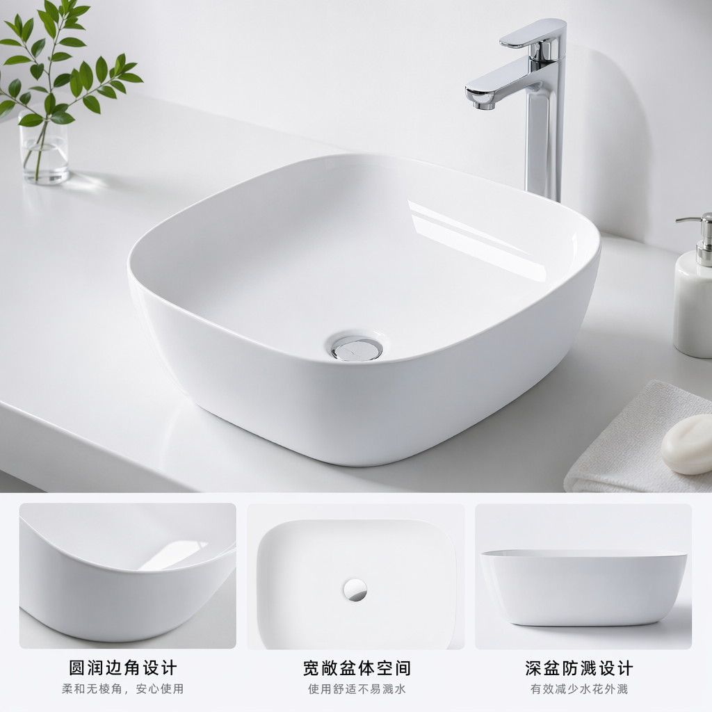 White ceramic washbasin, under-counter round bathroom basin, 35cm single hole