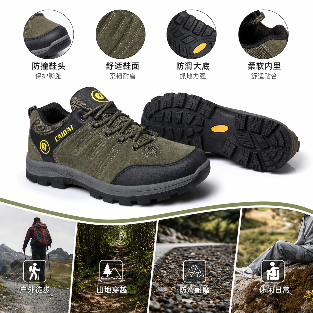 绿色棕色户外登山鞋男女士防滑耐磨轻便徒步鞋