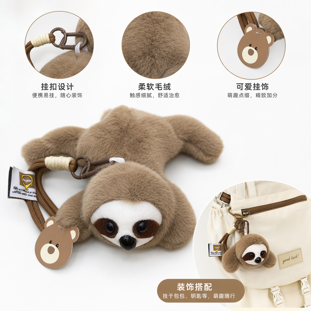 Brown plush sloth pendant, cute and adorable home decoration keychain, car doll