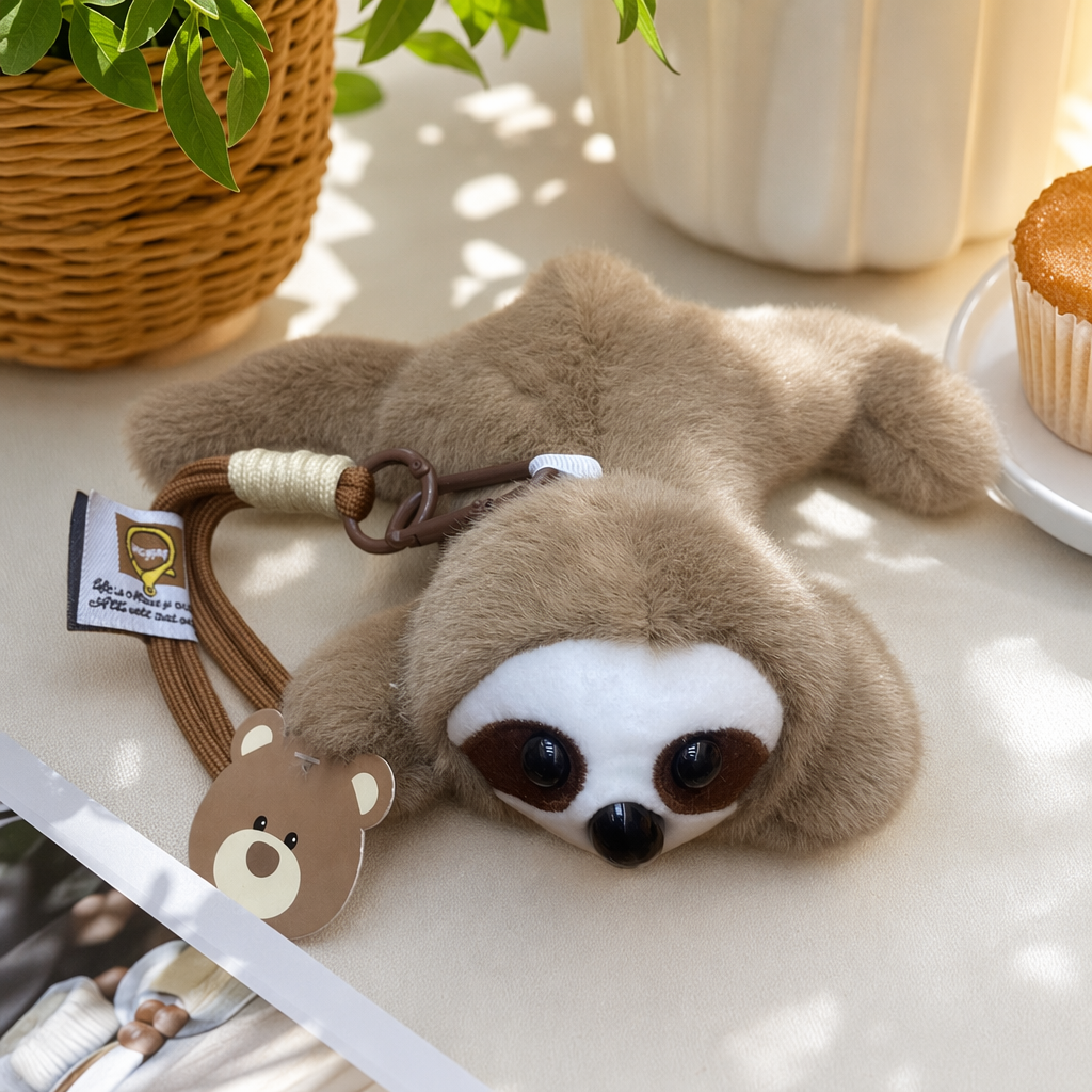 Brown plush sloth pendant, cute and adorable home decoration keychain, car doll details Picture
