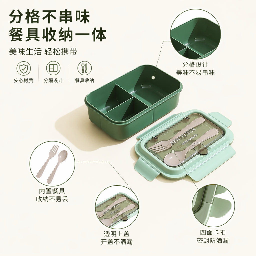 绿色分格便当盒便携防漏餐盒上班族学生午餐盒环保材质