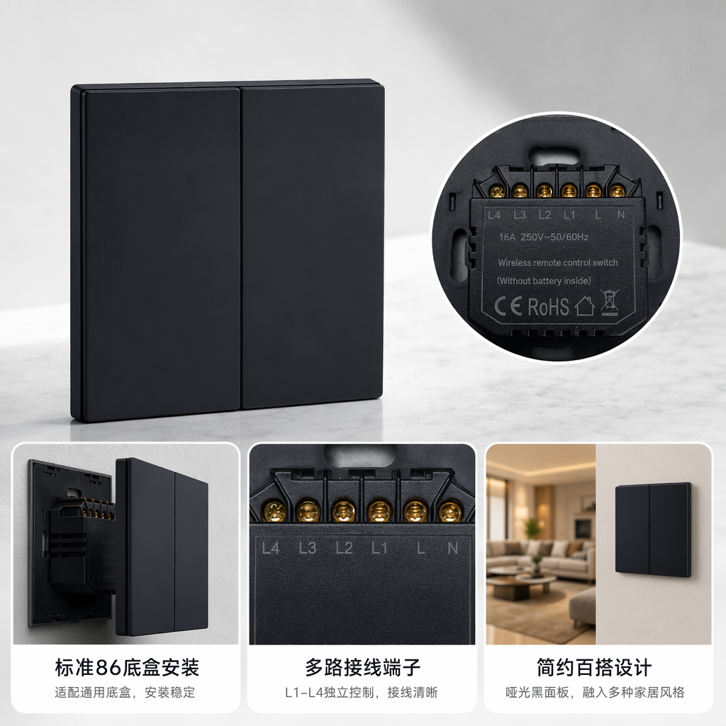 黑色WIFI 物理大按键开关双模零火  智能开关 外贸专供